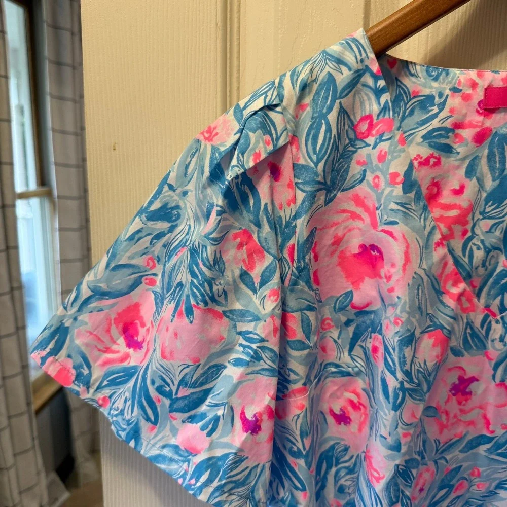 Lilly Pulitzer Ivee Top XS Bondi Blue My Little Peony Cotton Puff Sleeve V-Neck